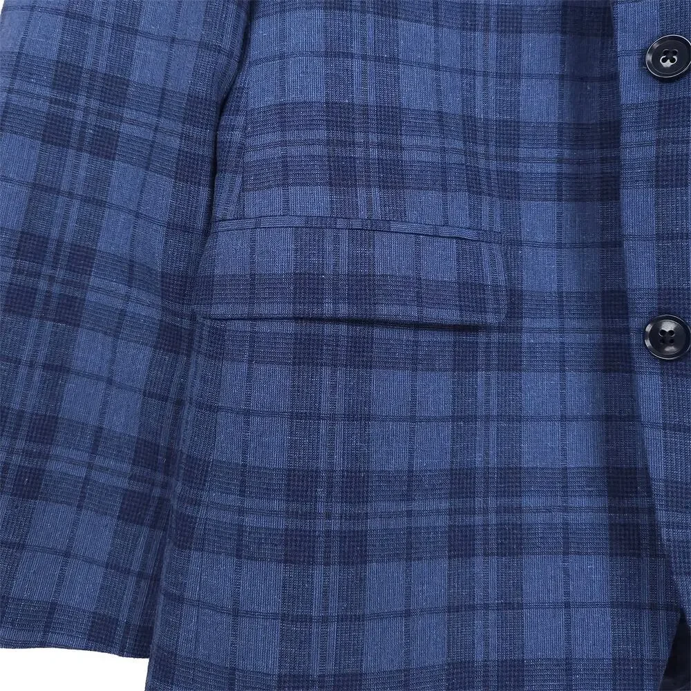 Bar III Mens Slim Fit Sport Coat Blazer 44R Blue Plaid Linen Cotton Blend NWT